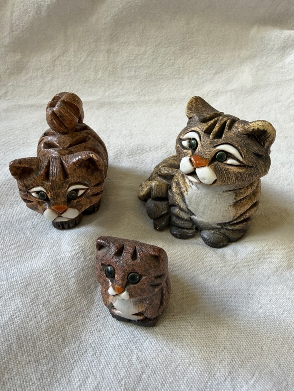 Hand-Painted Trio of Ceramic Cat Figurines in Brown & Gray